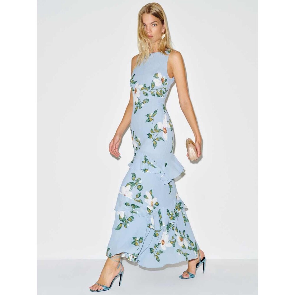 NEW Reformation Magnus Dress louisiana Light Blue Floral Tiered maxi Dress, XS
